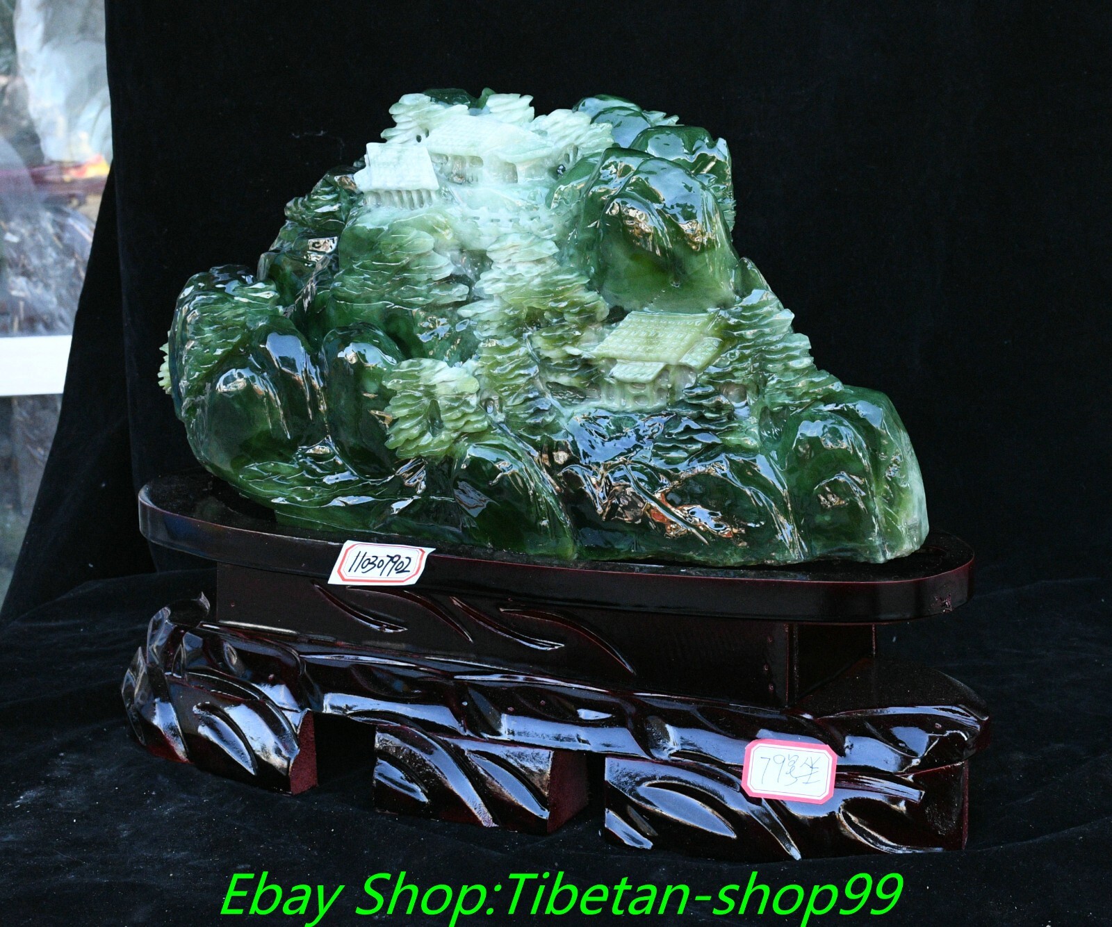 17.3'' Natural Xiu Green Jade Carving Mountain Tree House Shanzi Sculpture