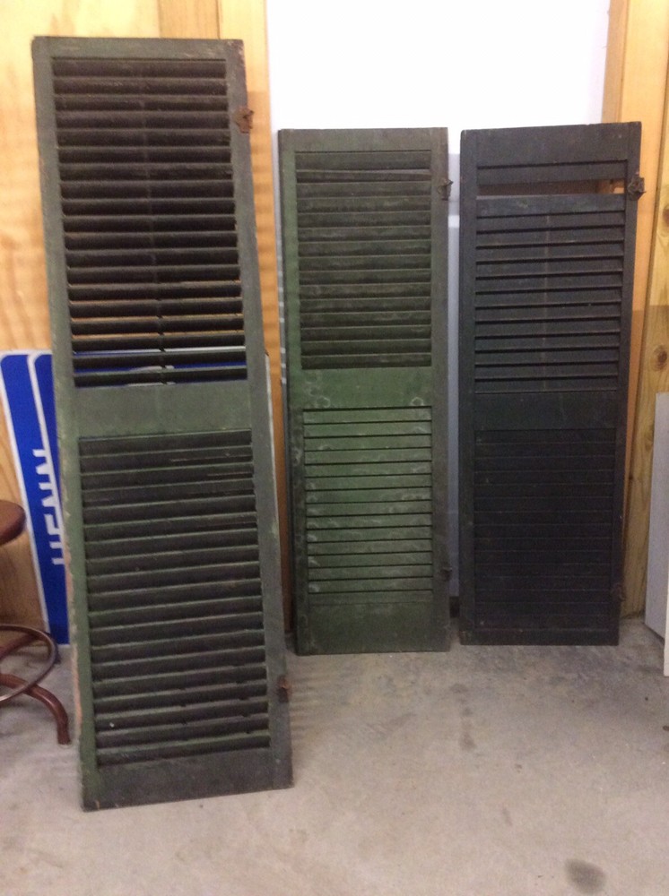 3 Vintage Green Wood Shutters - Solid - Partial Hinges - Good