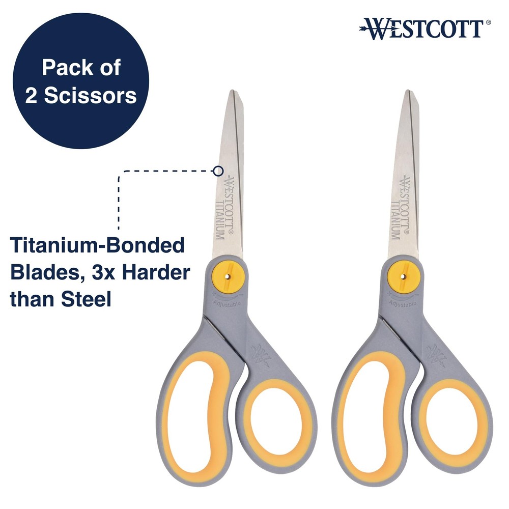 Westcott 8” Titanium Bonded Scissors with Adjustable 2-Pack, Gray/Yellow