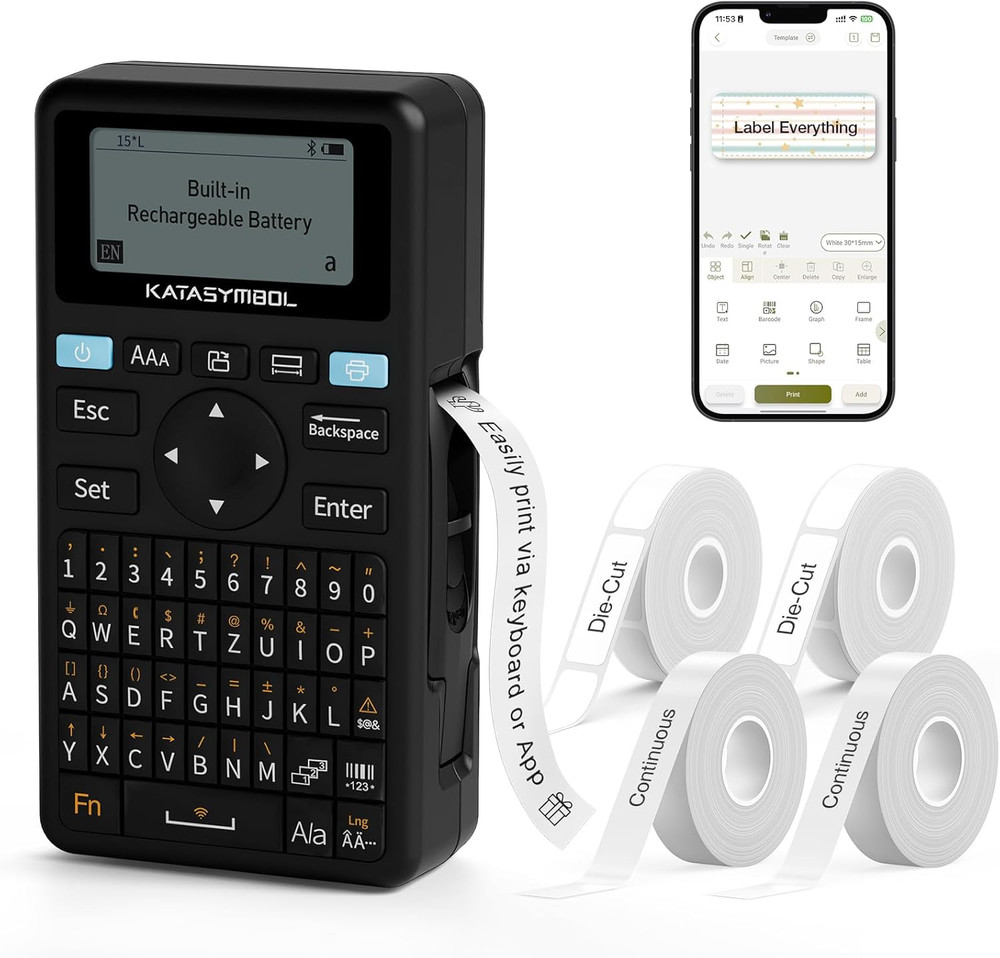 E11 Bluetooth Label Maker Machine with 4 Tapes, Support Keyboard & App with 30+