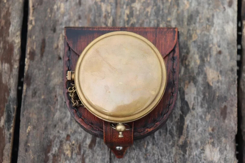 Handmade sundial compass with chain & leather Box nautical gift compass