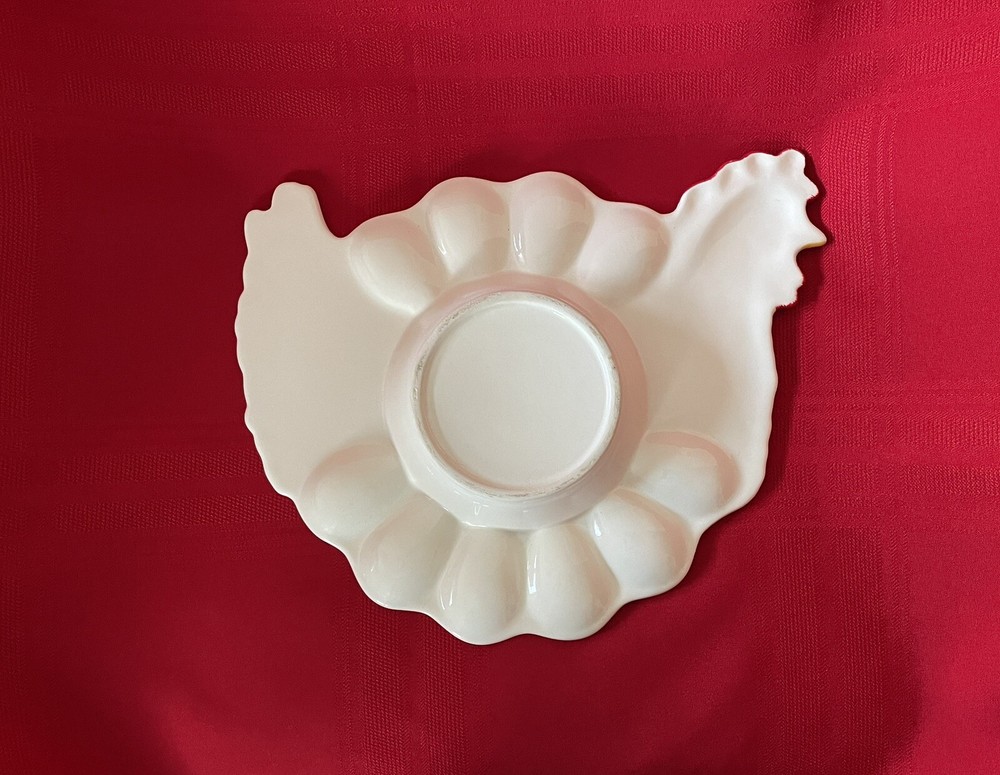 Chicken Hen Shaped Ceramic Deviled Egg Platter Dish Tray with Dip Holder Vintage