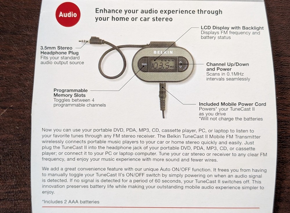 Belkin TuneCast II FM Transmitter F8V3080, For iPod, iPhone, Android, MP3, DVD