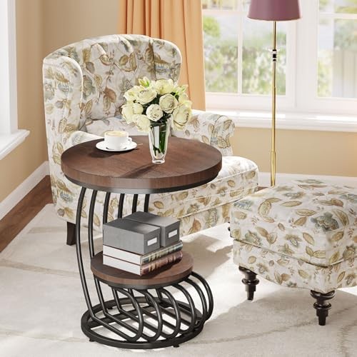Round End Side Table: Side Table with 2 Tiers Storage Shelves, 1 Rustic Brown