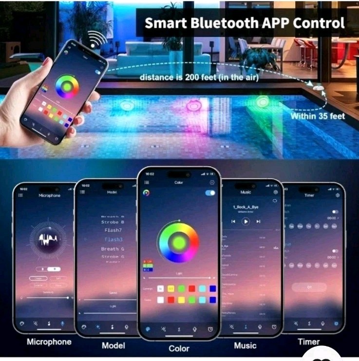 Rechargeable Submersible LED Pool Lights Wireless APP Control Waterproof 4 Pack