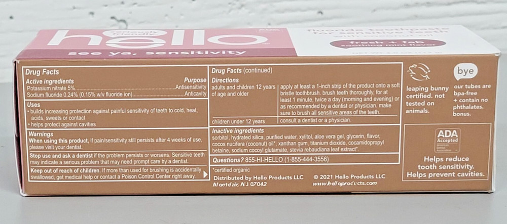 (VEGAN) Hello See Ya Sensitivity Toothpaste w/Fluoride - Sensitive Teeth 2 PACK
