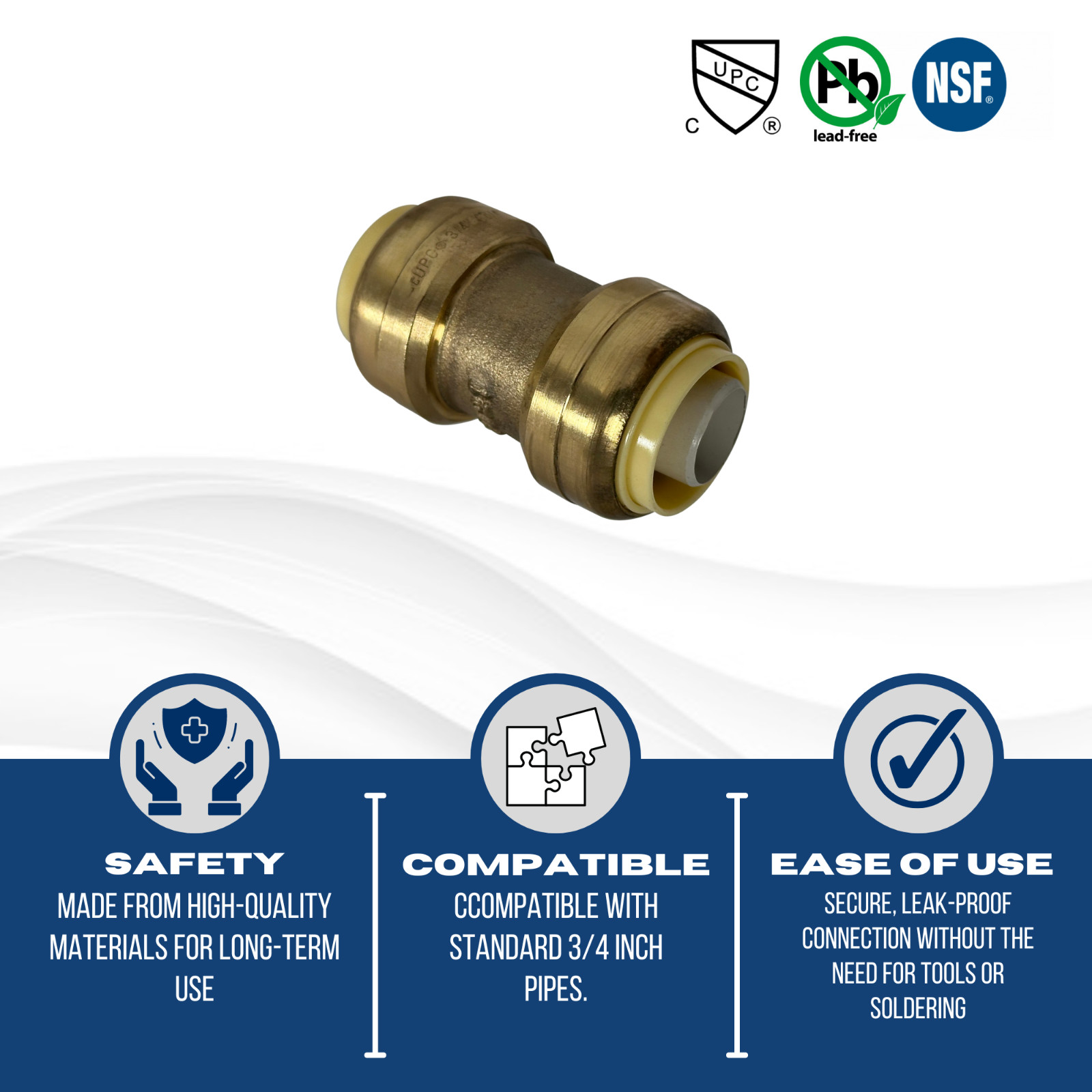 10 PIECES 3/4" X 3/4" PUSH FIT COUPLINGS FITTINGS - LEAD FREE