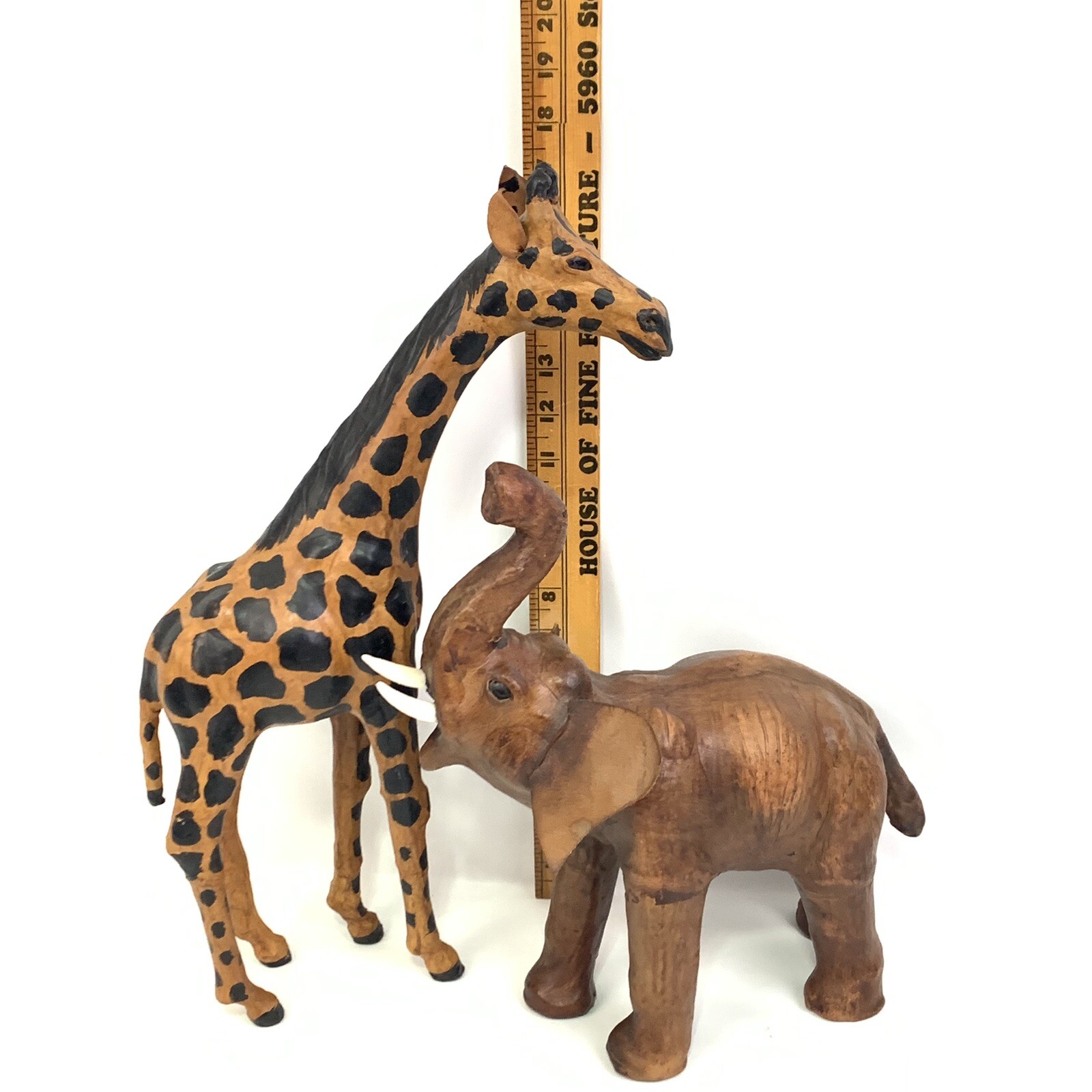 Vintage Elephant & Giraffe Statue Figure Brown Leather Wrapped Home Decor #8627