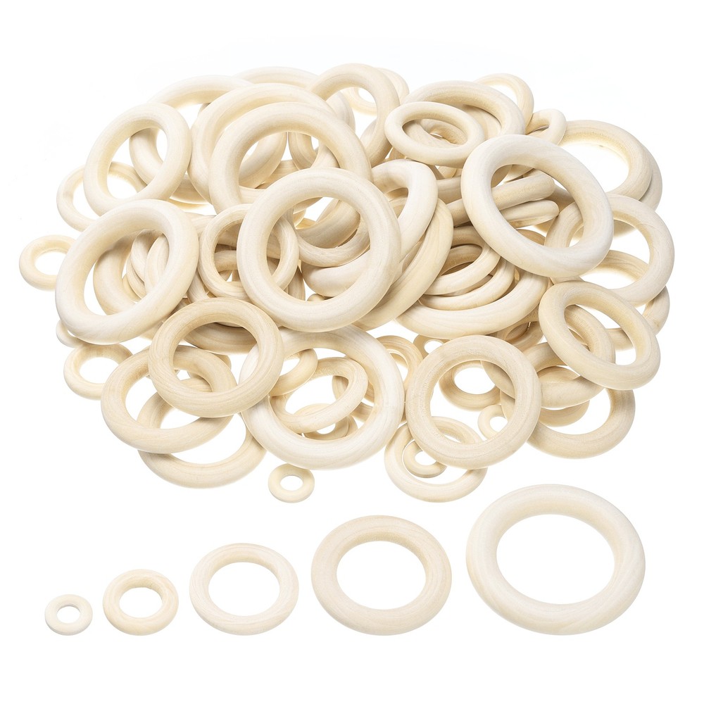 100 PCS 5 Size Natural Wooden Ring for Craft, Unfinished Solid Rings