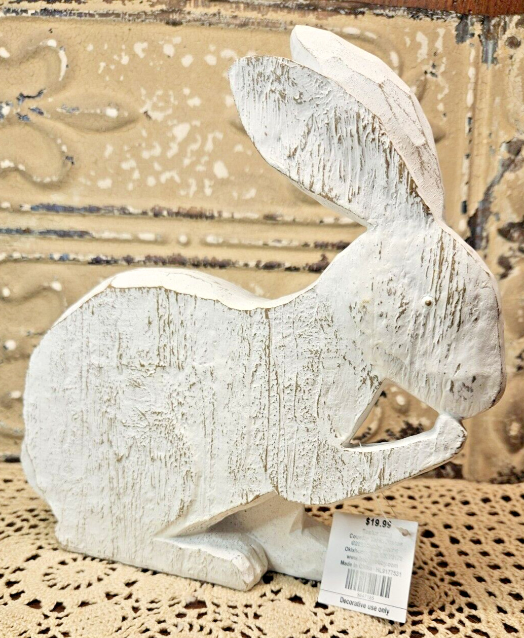 NWT Primitive White Distressed Bunny Rabbit Easter Spring Decor Carved Wood Look