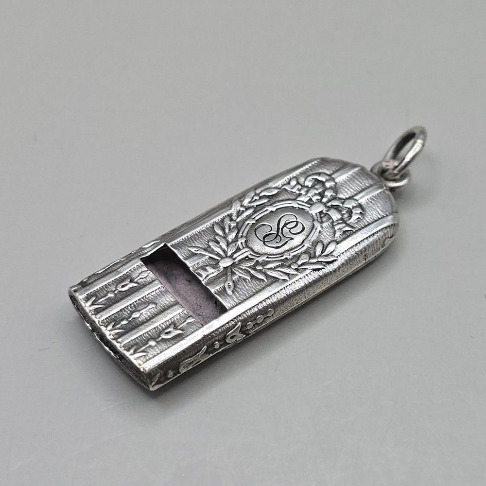Antique Solid Silver Repousse Whistle Pendant Monogram Floral Design