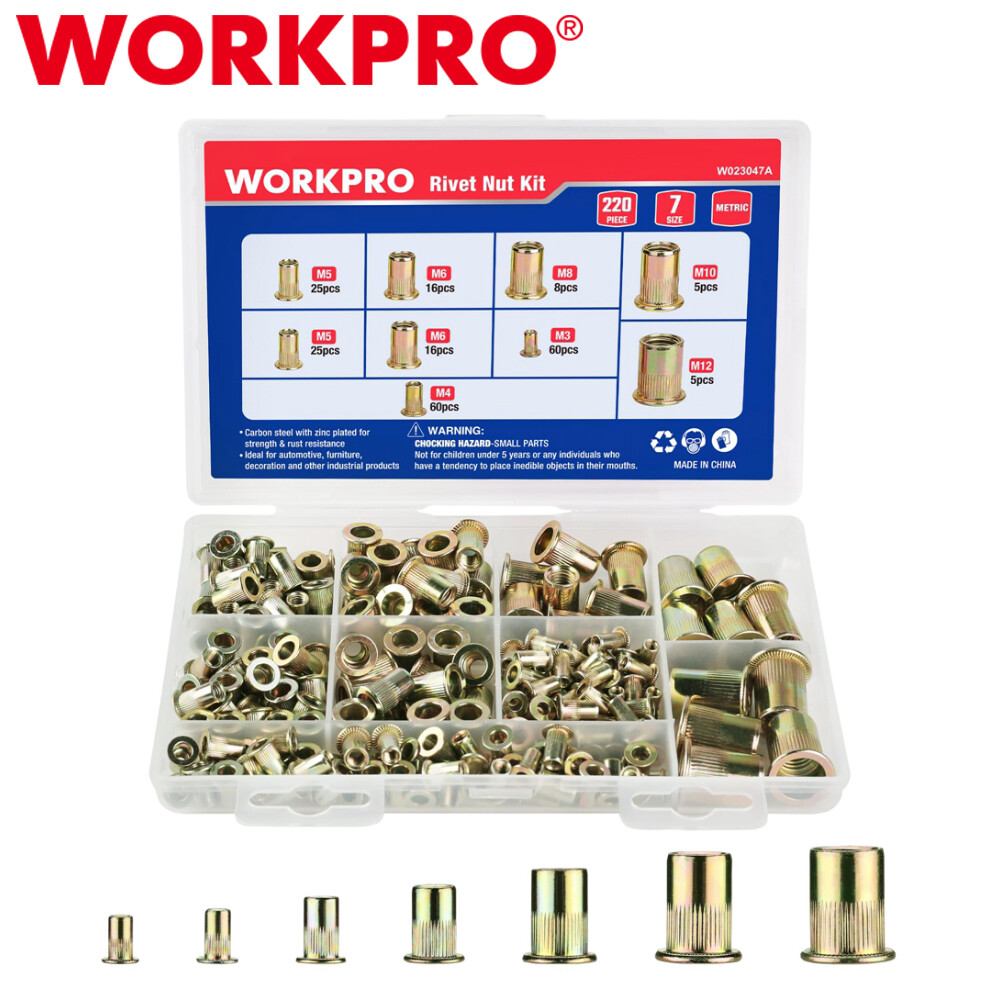 WORKPRO 220PCS Metric Rivet Nuts Zinc Plated Steel Flat Head Threaded Insert Nut