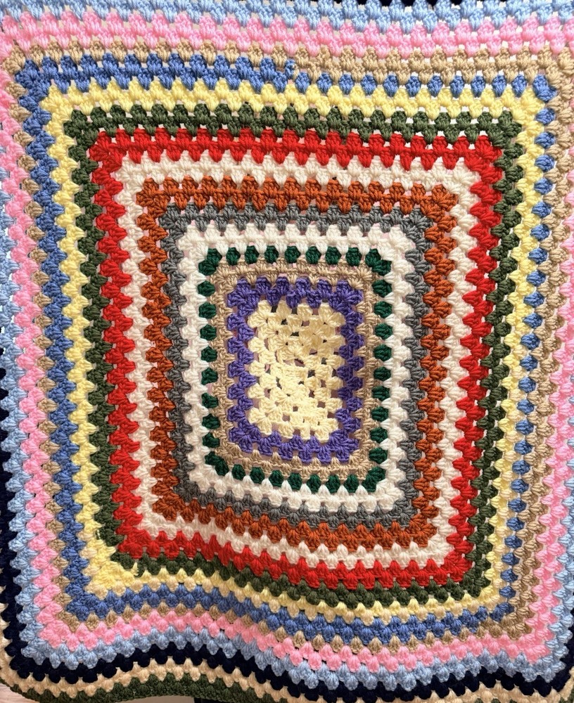 Handmade Crocheted Multicolor Blanket Sz 36”X 32”. Boho Retro