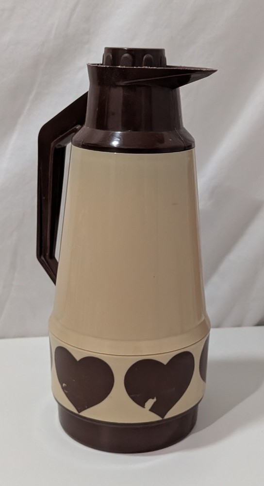 Vintage Plastic Thermal Coffee Pot Brown Heart Pattern (A23)