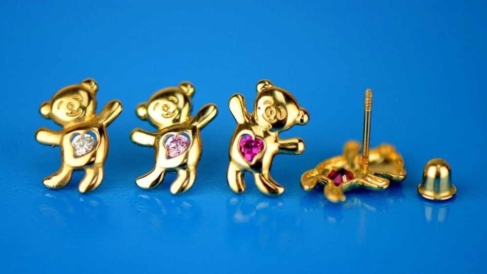 14k Yellow Gold CZ Bear Stud Earrings