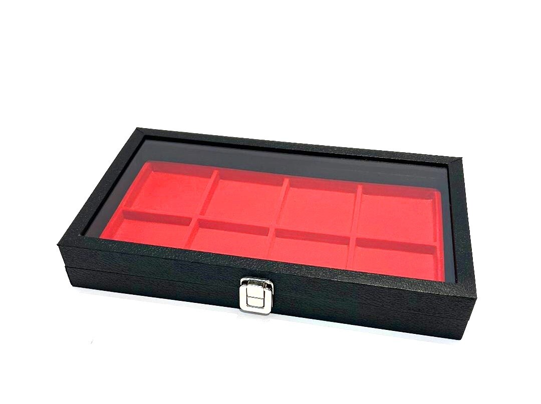 Belt Buckles Black Glass Top Lid Red 8 Space Liner Collectors Hobby Display Case