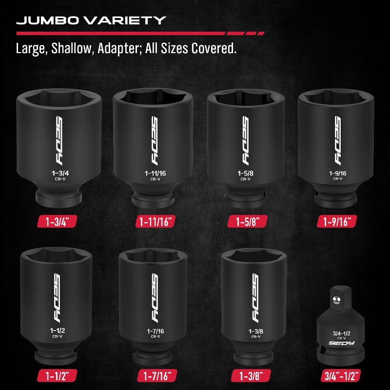 SAE Deep Impact Socket Set 8-Pc, 1/2" Drive, Large Sockets for Axle Nuts