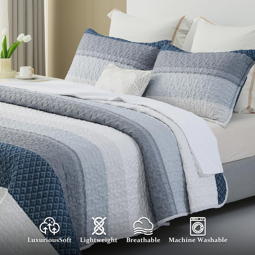 Striped Quilt Set King Size 3Pcs Blue & Navy Striped Patchwork Pattern All