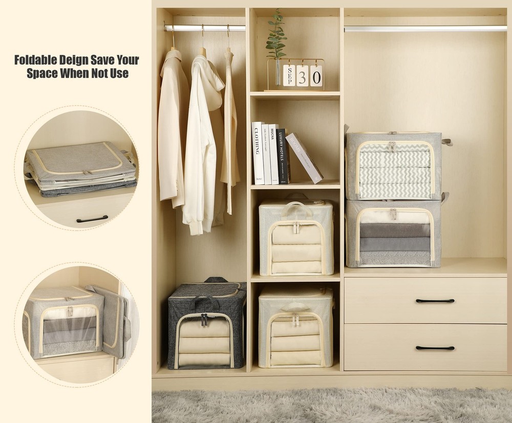 3 Openings Clothes Storage Bins with Metal Frame, Foldable Storage Bin for Cl...