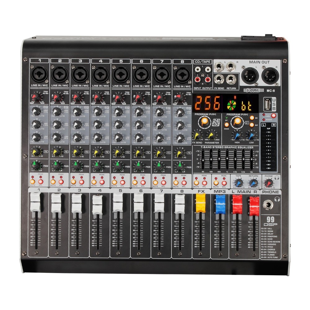 5Core Audio Mixer 8 Channel DJ Soundboard USB Interface Bluetooth XLR Console
