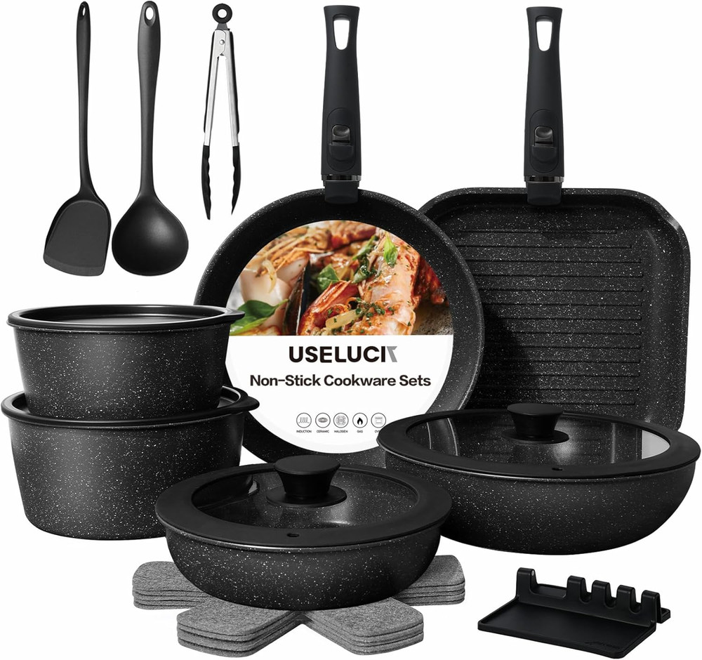 21 PCS Non-Stick Ceramic Cookware Set, Stackable & Portable, Black