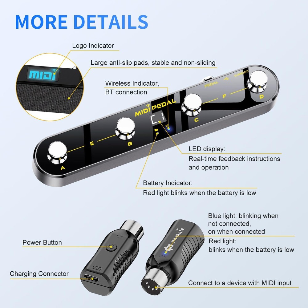 Wireless MIDI Foot Controller Pedal with MIDI Receiver, Bluetooth & USB MIDI ...