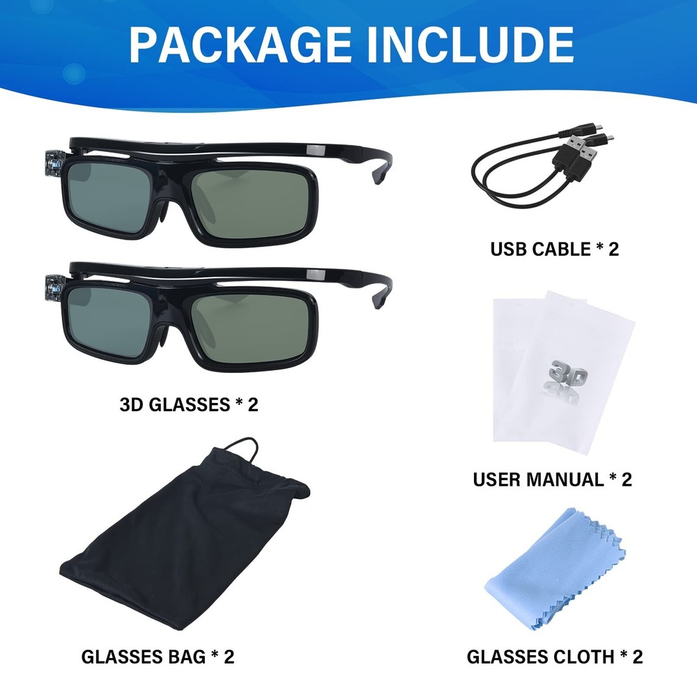 3D Glasses, Active Shutter Rechargeable Eyewear for 3D DLP-Link Projectors Co...