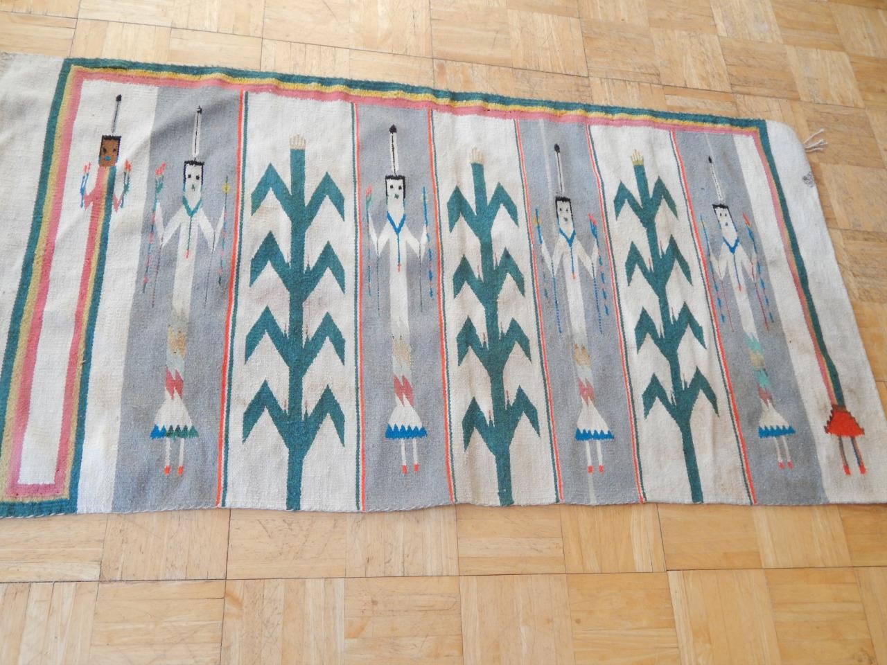 30.5 X 57" VINTAGE NAVAJO INDIAN SHIPROCK CORN YEI PICTORIAL RUG / WEAVING