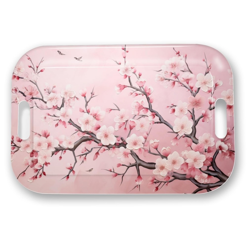 Serving Trays with Handles 14.5x9.8 Inch Rectangular Plastic Pink Cherry