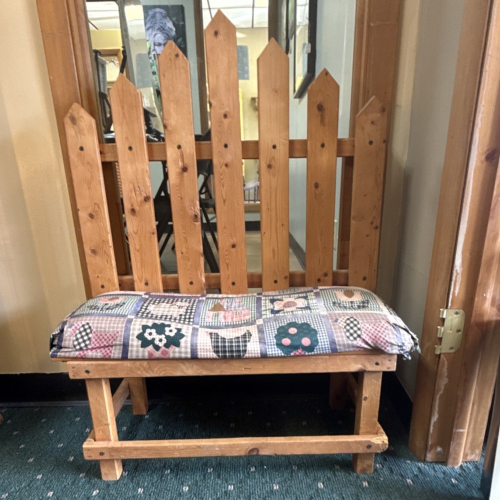 Wood Bench Patchwork Upholstered Seat Picket Fence Backrest Rectangle