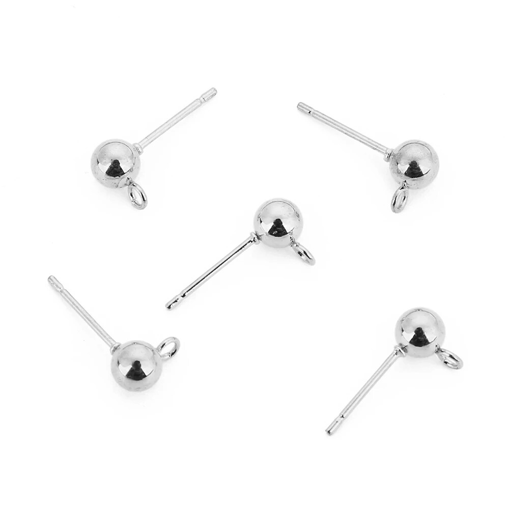 50pcs Stainless Steel 4mm Round Ball Earrings Stud Posts with Loop