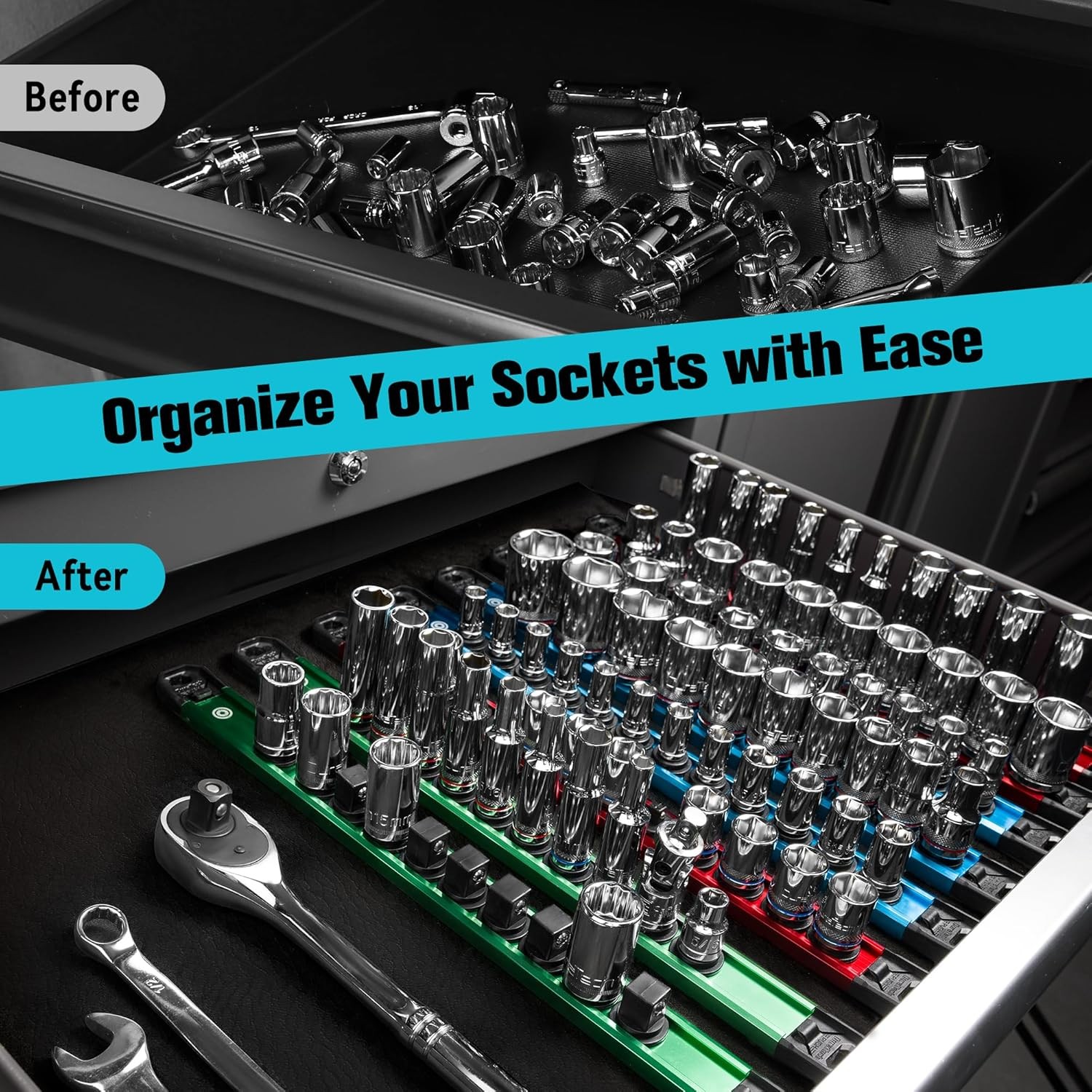 DURATECH 9PCS ALUMINUM MAGNETIC SOCKET ORGANIZER RAIL SET Socket Holder 96 Clips