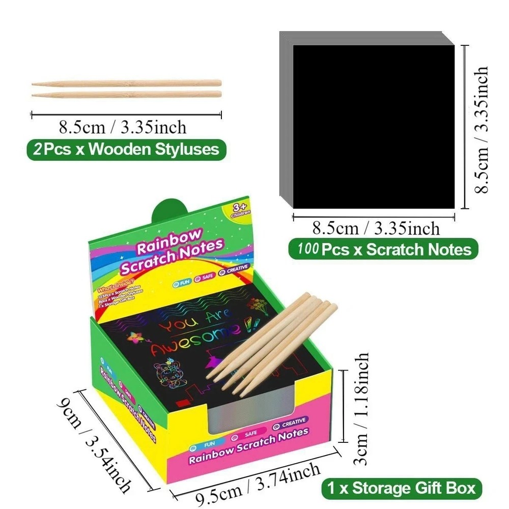 100PCS Scratch Art Paper Set Rainbow Magic Scratch-Off Sheets with 2 Stylus
