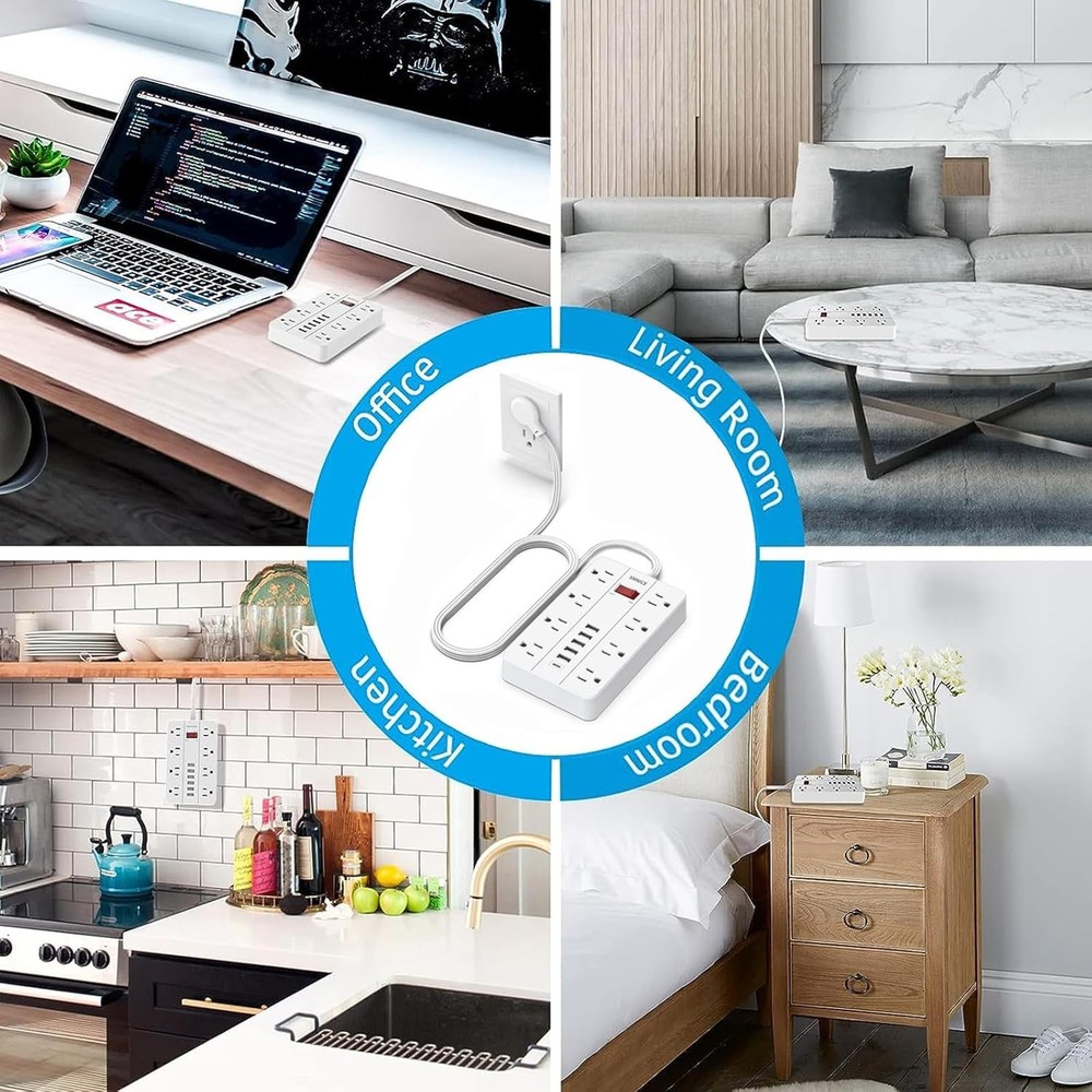 SMNICE Power Strip with USB,Surge Protector Flat Plug 8 5FT, White