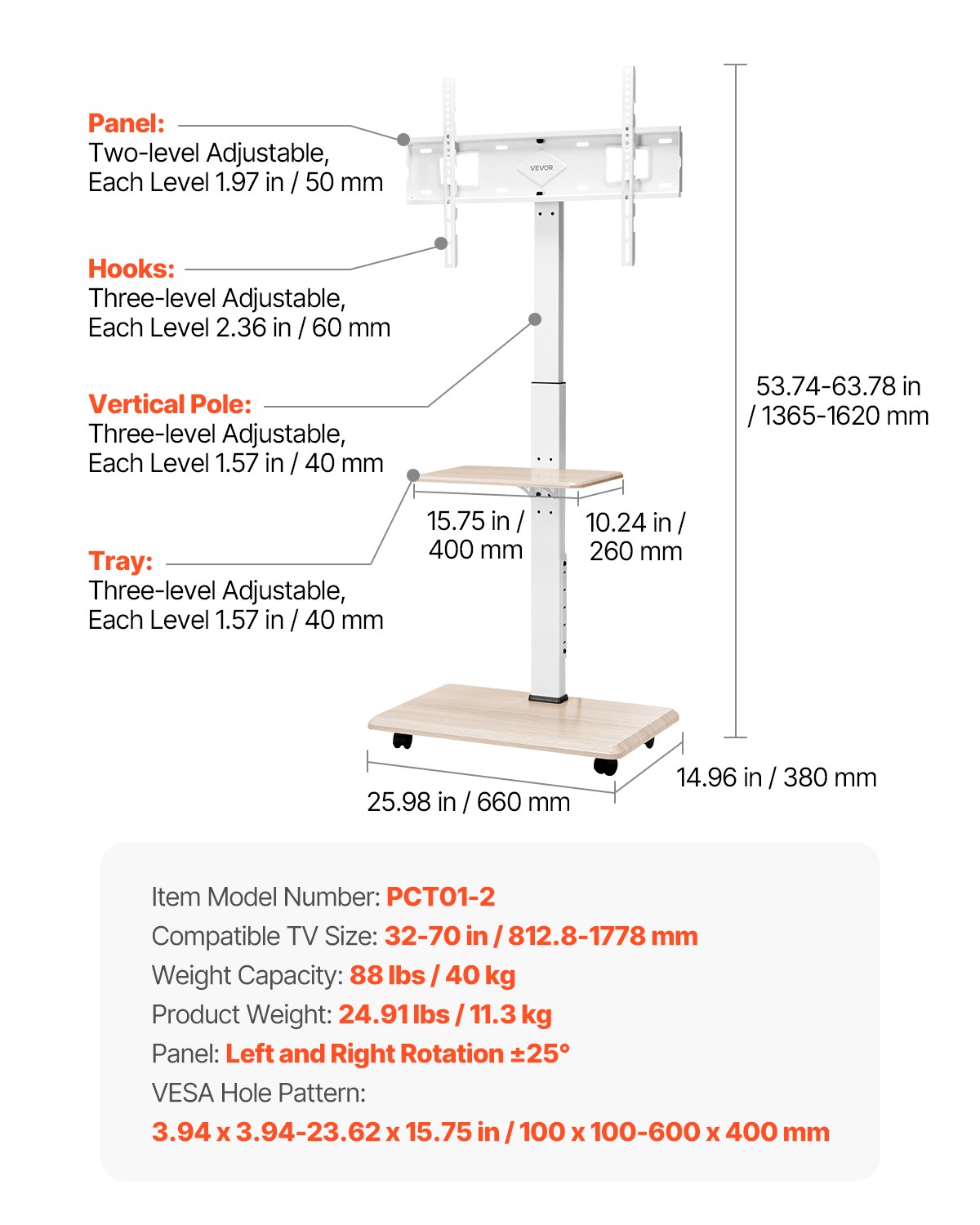 Rolling TV Stand Mobile TV Cart Holds Up to 88 lbs for 32-70 Inch Screens