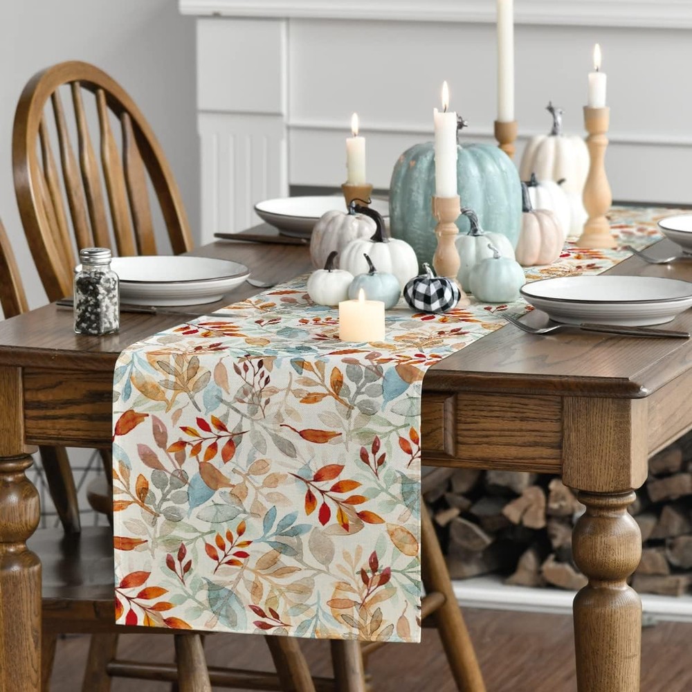 Artoid Mode Beige Eucalyptus Leaves Fall Table Runner, 13" x 72",