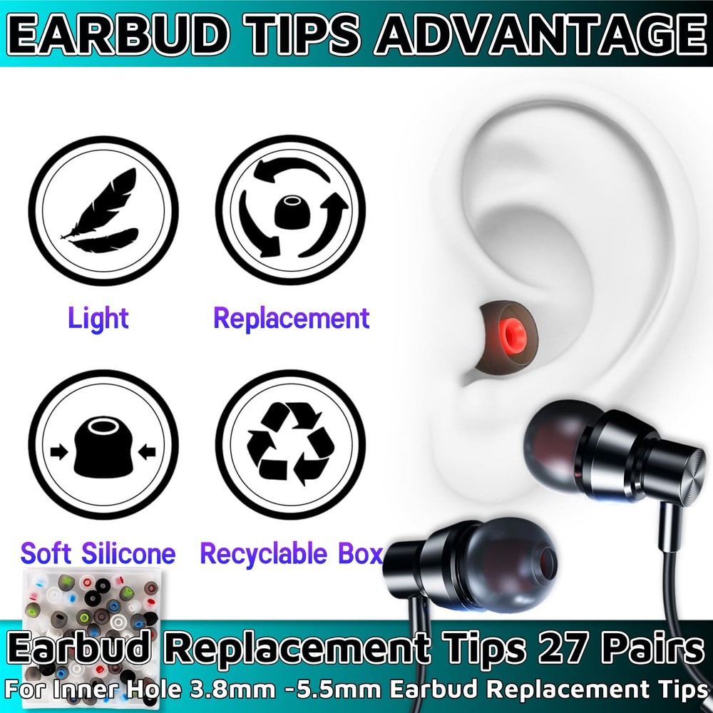 54Pcs Earbud Replacement Tips，Ear Bud Rubber Tips Silicone 1