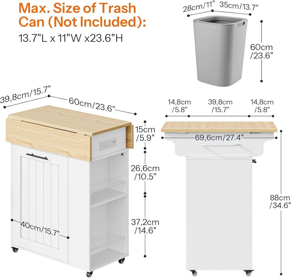 Kitchen Island with Trash Can Storage, Rolling Kitchen Island with Drop Leaf ...