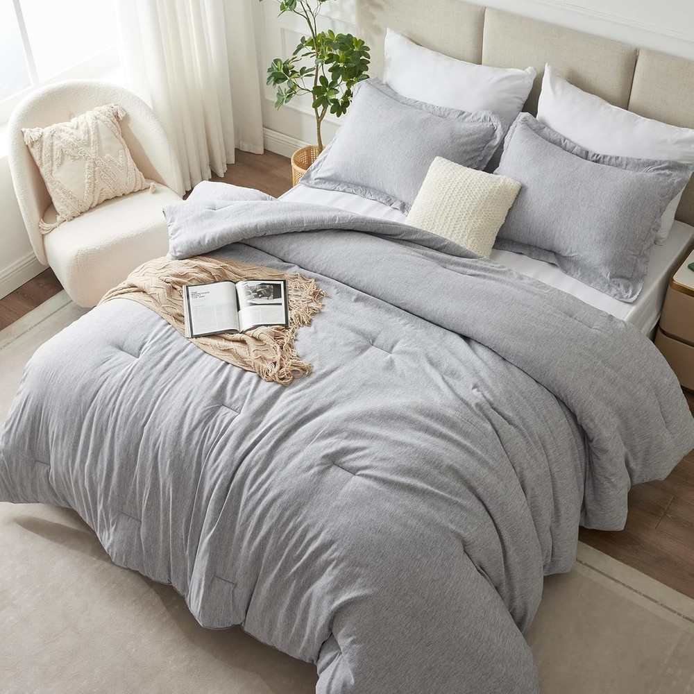 King Size Comforter Set 3 Pieces Light Grey Soft Luxury Cationic Dyeing Bedding