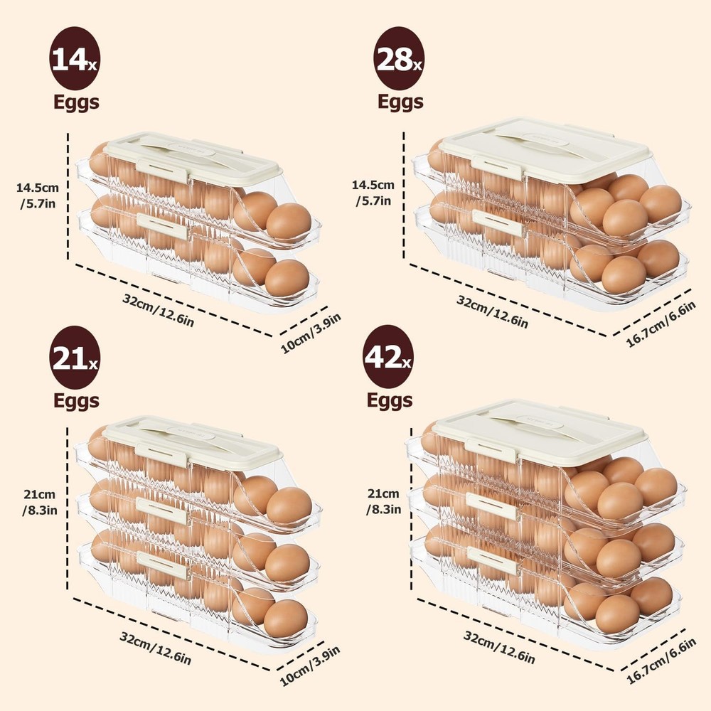 Automatic Rolling Egg Holder for Fridge, Clear 2 Row 3 layers (42 Eggs)