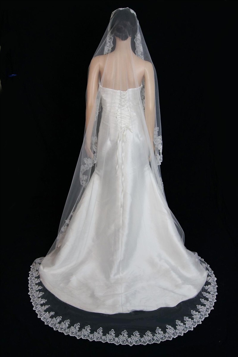 Bridal Wedding Mantilla Veil Ivory 1 Tier Long Cathedral Length With Lace Edge