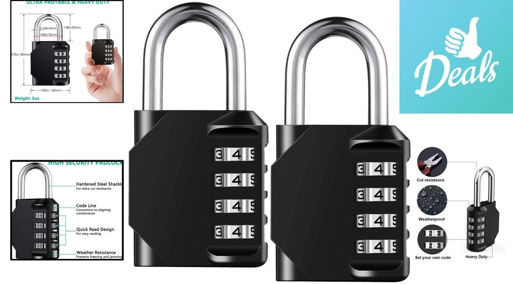 Resettable Combination Padlock - 4 Digit Lock - Waterproof & Heavy Duty - 2 Pack