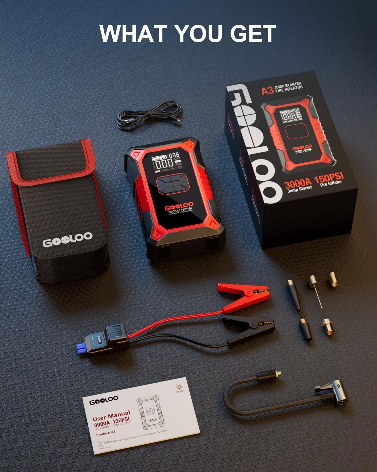 GOOLOO A3 Jump Starter with Air Compressor 3000A Portable Car Battery Charger