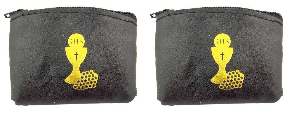 First Communion Black Vinyl IHS Chalice and Grapes Rosary Pouch Case 2 pack