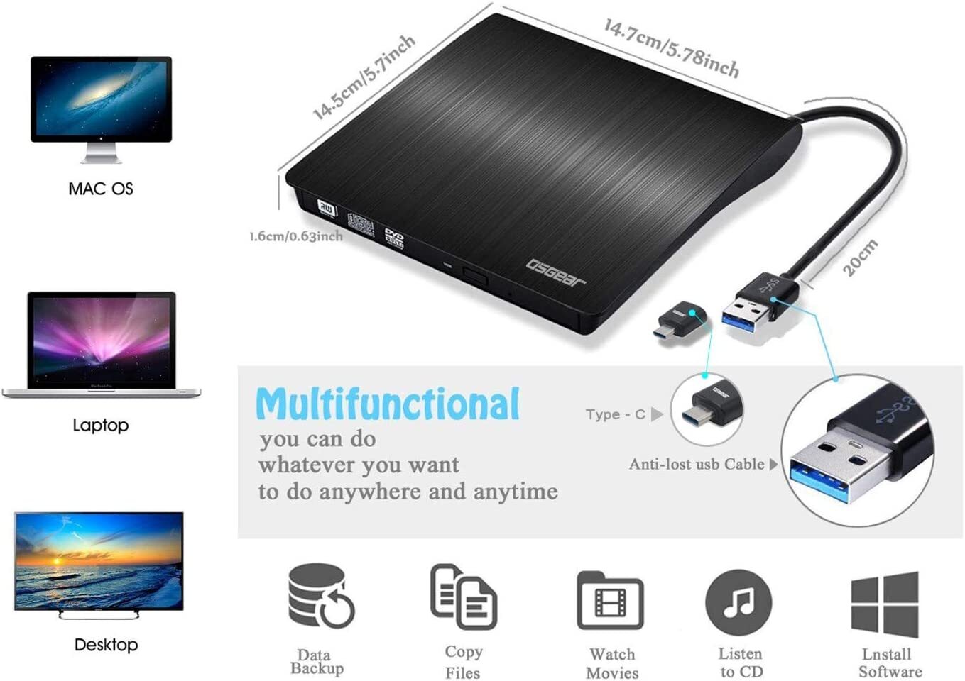 Slim External CD DVD RW Drive USB 3.0 Writer Burner Player Black For Laptop PC