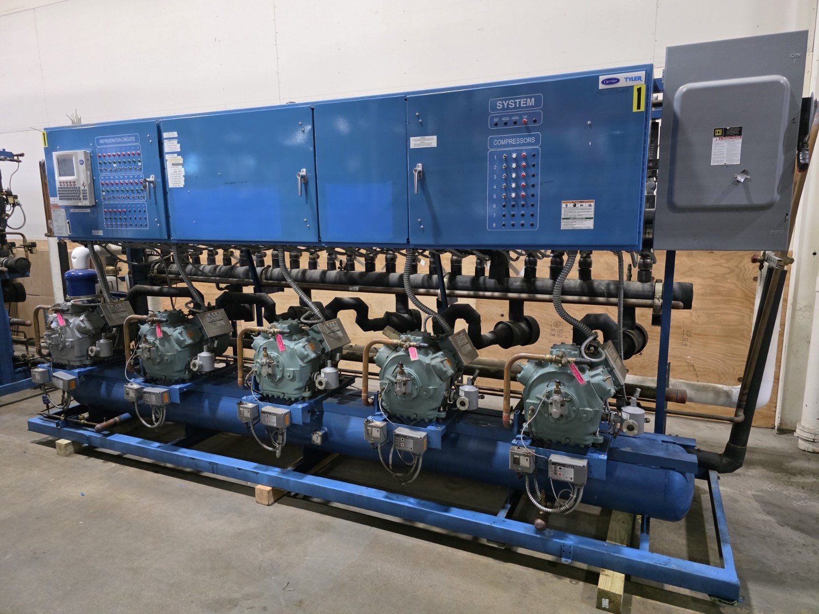 Tyler/Carrier 65 HP Refrigeration Compressor Rack Med Temp Cooler R404A R448/449