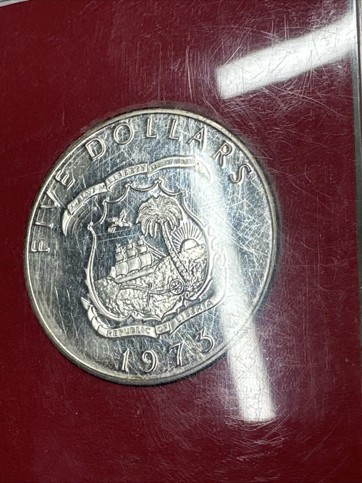 1973 LIBERIA - 5 DOLLARS - ELEPHANT - 1 Oz PROOF SILVER CROWN - US MINT RED CASE