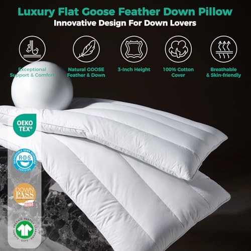 Luxury Thin Flat Goose Feather Down Pillows 18" x 30" - 2 Packs Solid White
