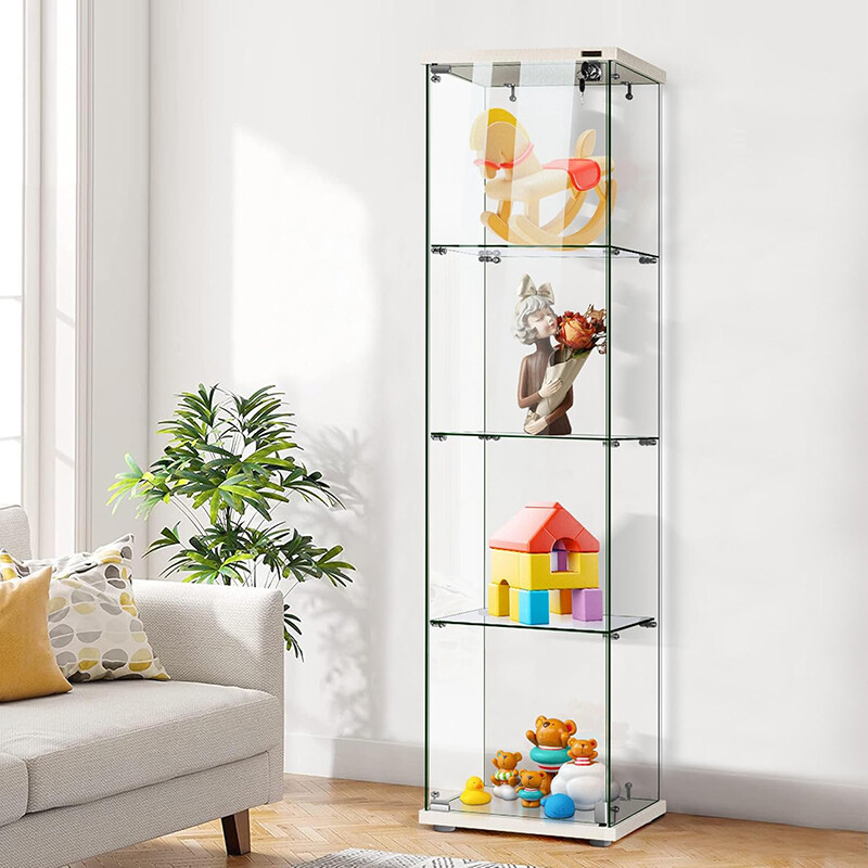 4 Shelf Glass Display Cabinet Glass Curio Cabinet Bookshelf Showcase with Lock