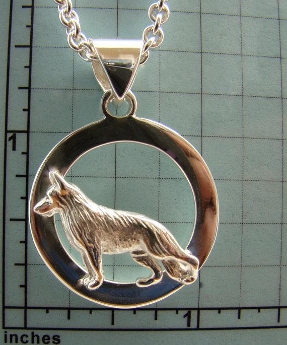 Small Sterling Silver German Shepherd Dog Standing Study On A Wide Circle Frame